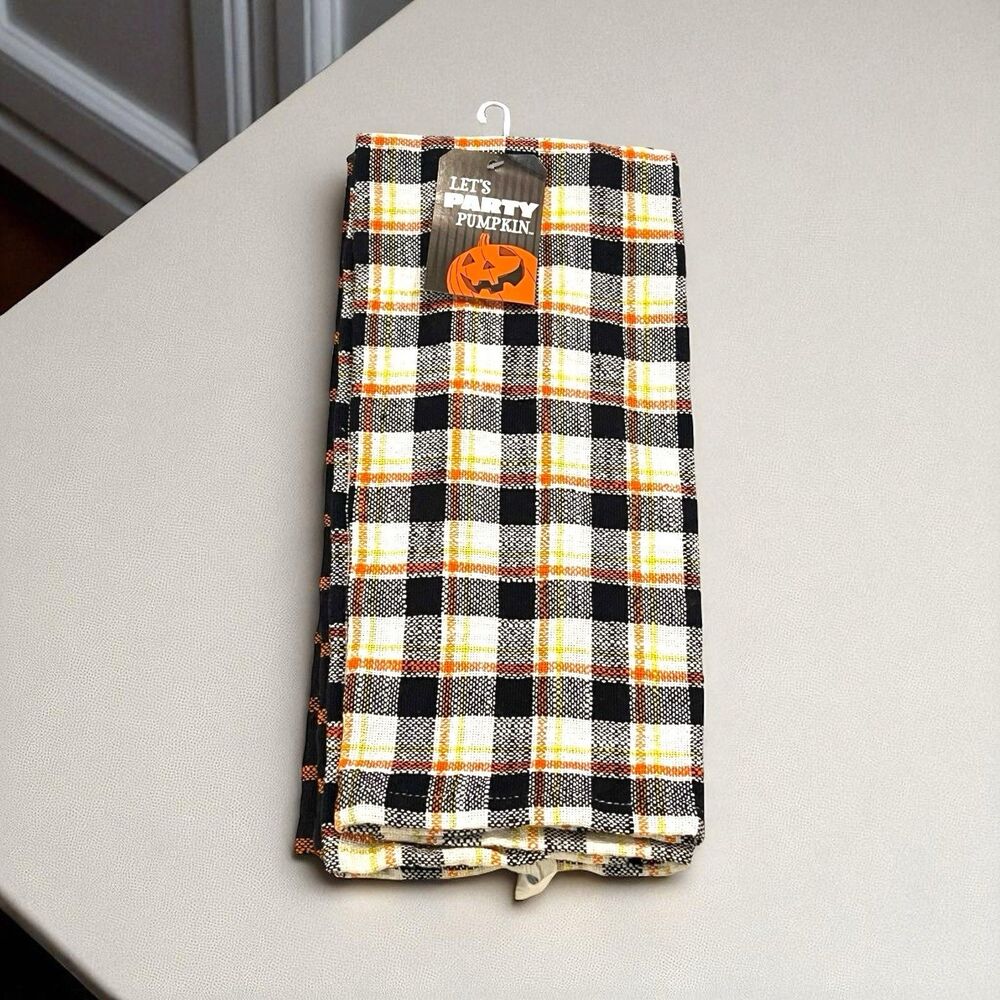Let’s Party Pumpkin Halloween Kitchen Tea Towels (2) Black White Orange Plaid